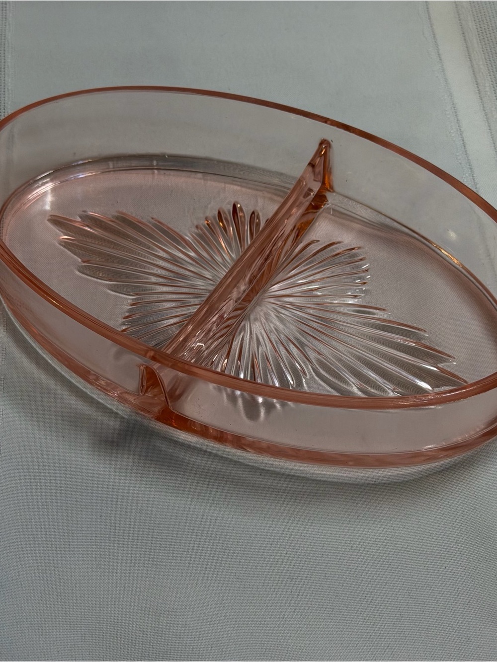 Vintage Pink Depression Oval Glass Divided Relish Dish Starburst 8.5” Trinkets